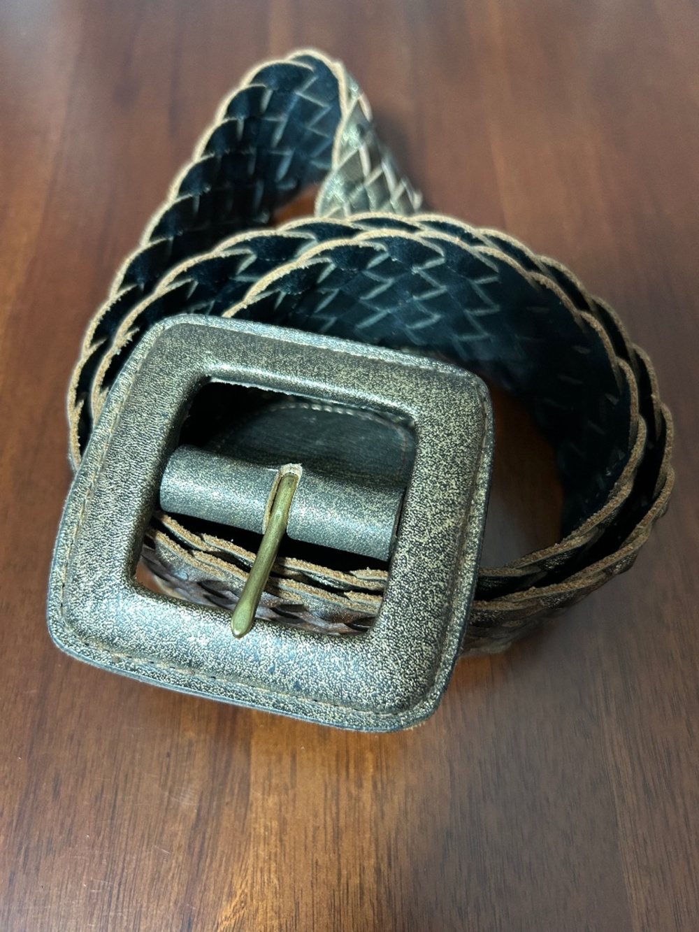 Chico's Metallic Bronze Braided Leather Belt Size M - Wide Woven Square Buckle